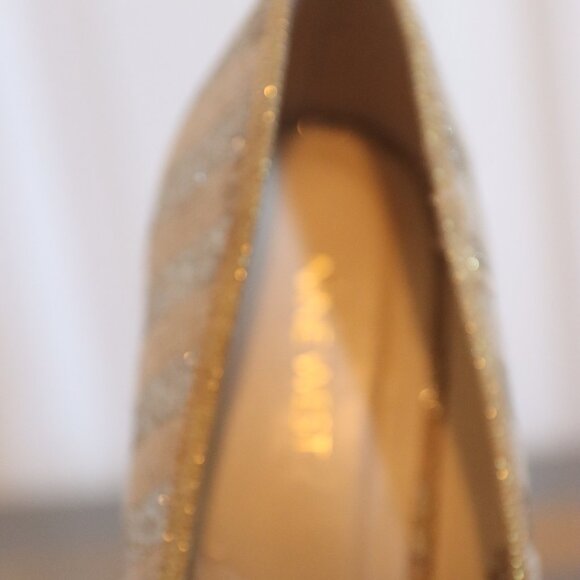 Nine West Sz 10 Espadrille Wedge Silver Metallic Stripe Gold Trim Textile Upper - Picture 13 of 16